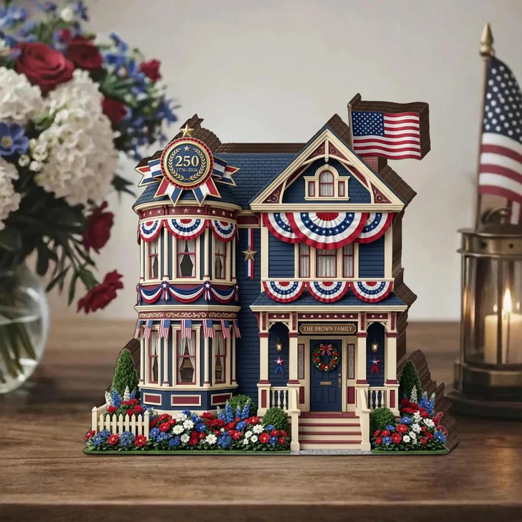 Decorative patriotic house with American flags and red, white, and blue bunting on a table