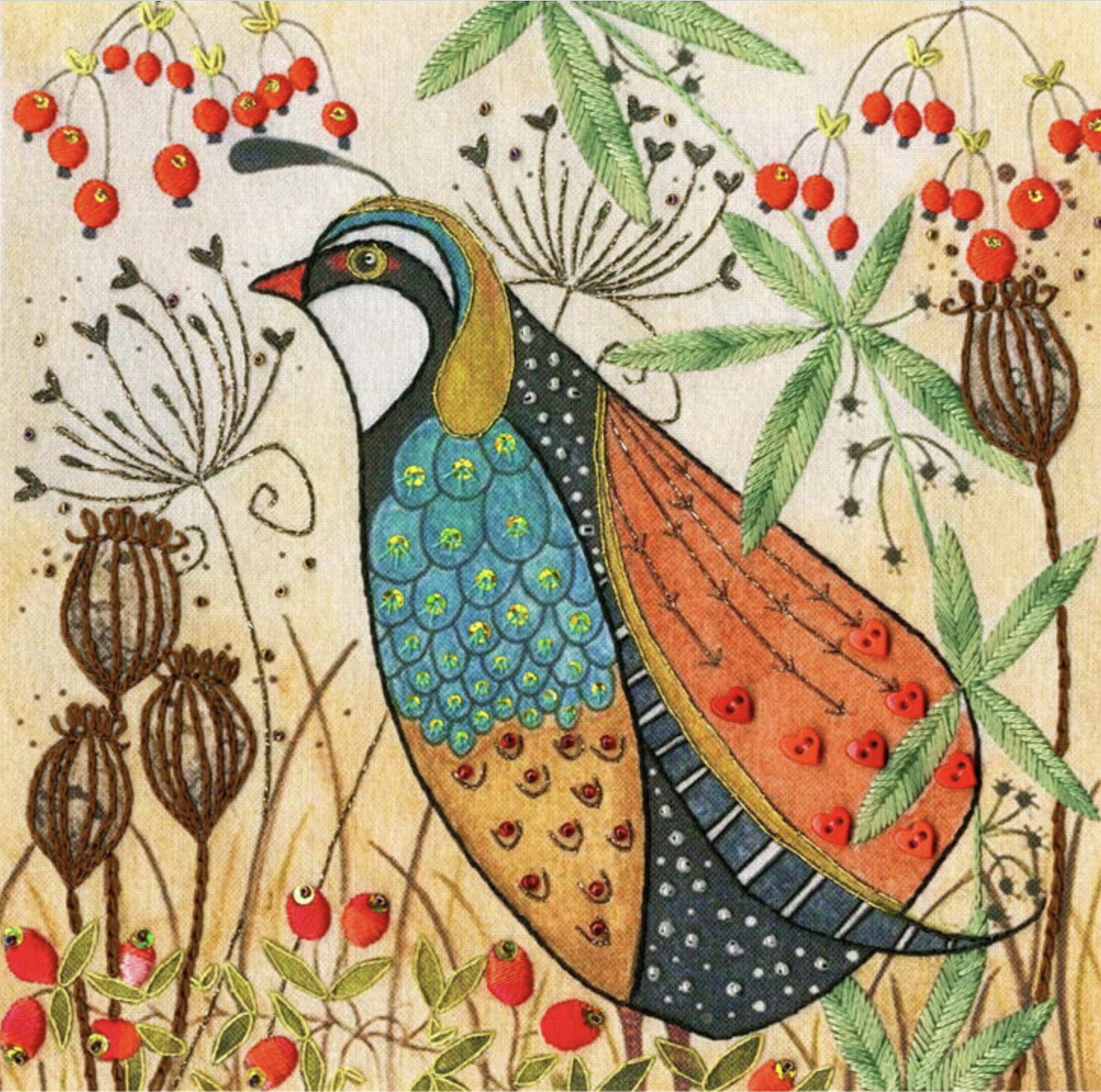 Stylized partridge bird with blue, orange and yellow plumage among red poppy flowers and green leaves