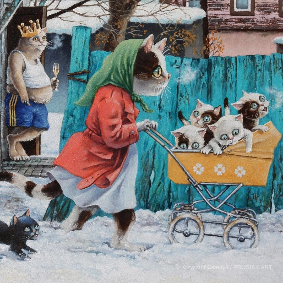 Illustration of a dressed cat pushing kittens in a stroller through snow with other cats nearby