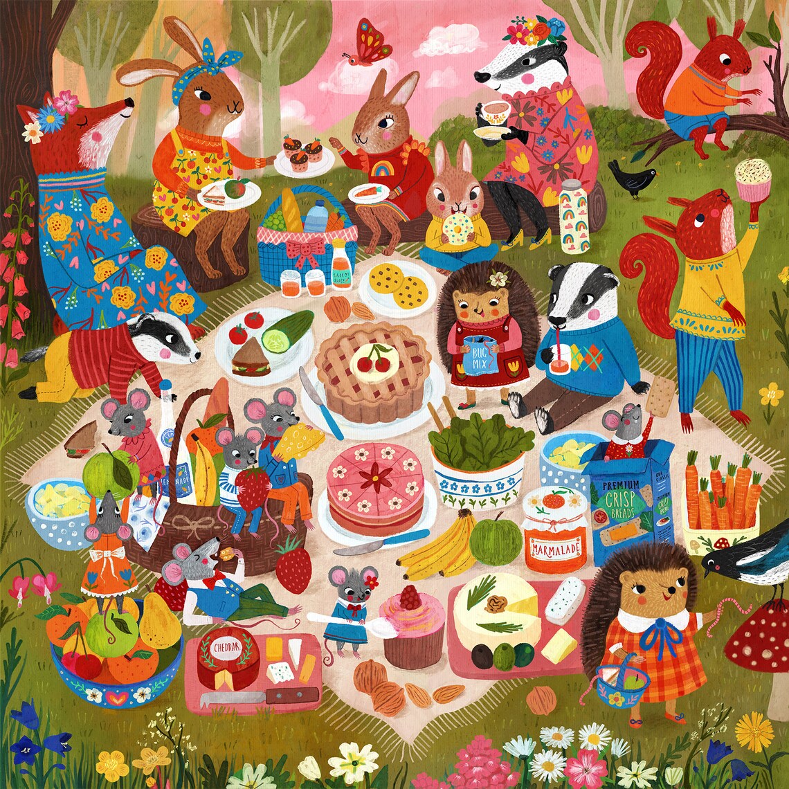 Colorful illustration of woodland animals enjoying a picnic party with cakes, fruits, and various foods spread on blankets