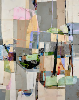 Abstract collage painting with layered geometric shapes in pastel and neutral tones