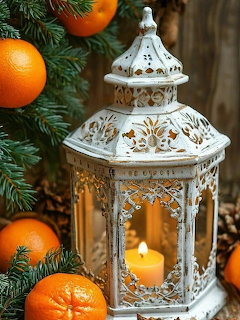 White ornate lantern with lit candle surrounded by mandarins and pine branches