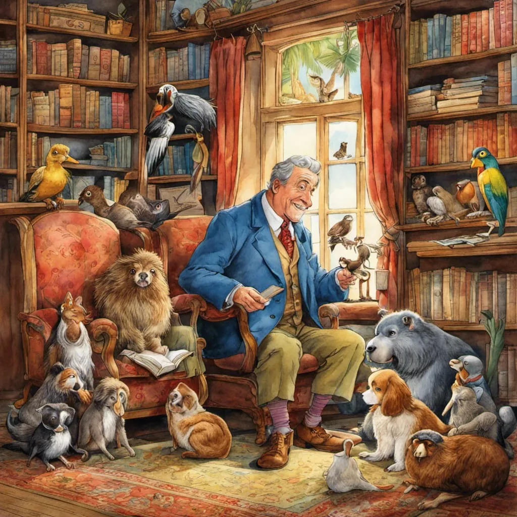 Elderly man in blue suit seated in library surrounded by dogs, cats, birds and other animals