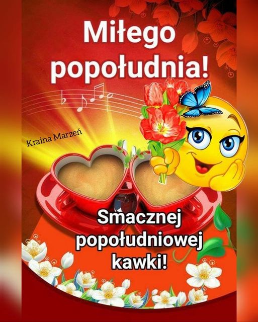 Polish afternoon greeting card with smiley emoji, heart-shaped coffee cups, flowers and butterfly on red background