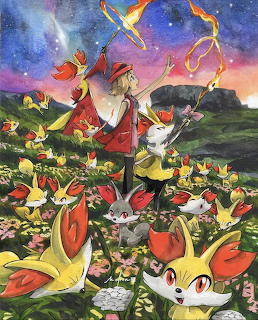 Pokemon characters including Fennekin in a field of flowers beneath a colorful sunset sky