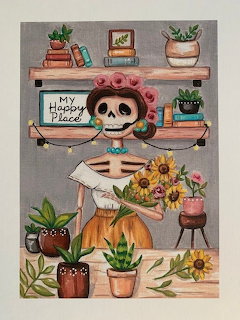 Illustrated skeleton with flower crown holding sunflowers, standing among potted plants with shelves and books behind