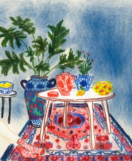 Colorful crayon illustration of a table with plants, vases, and fruit on a decorative rug with pink slippers
