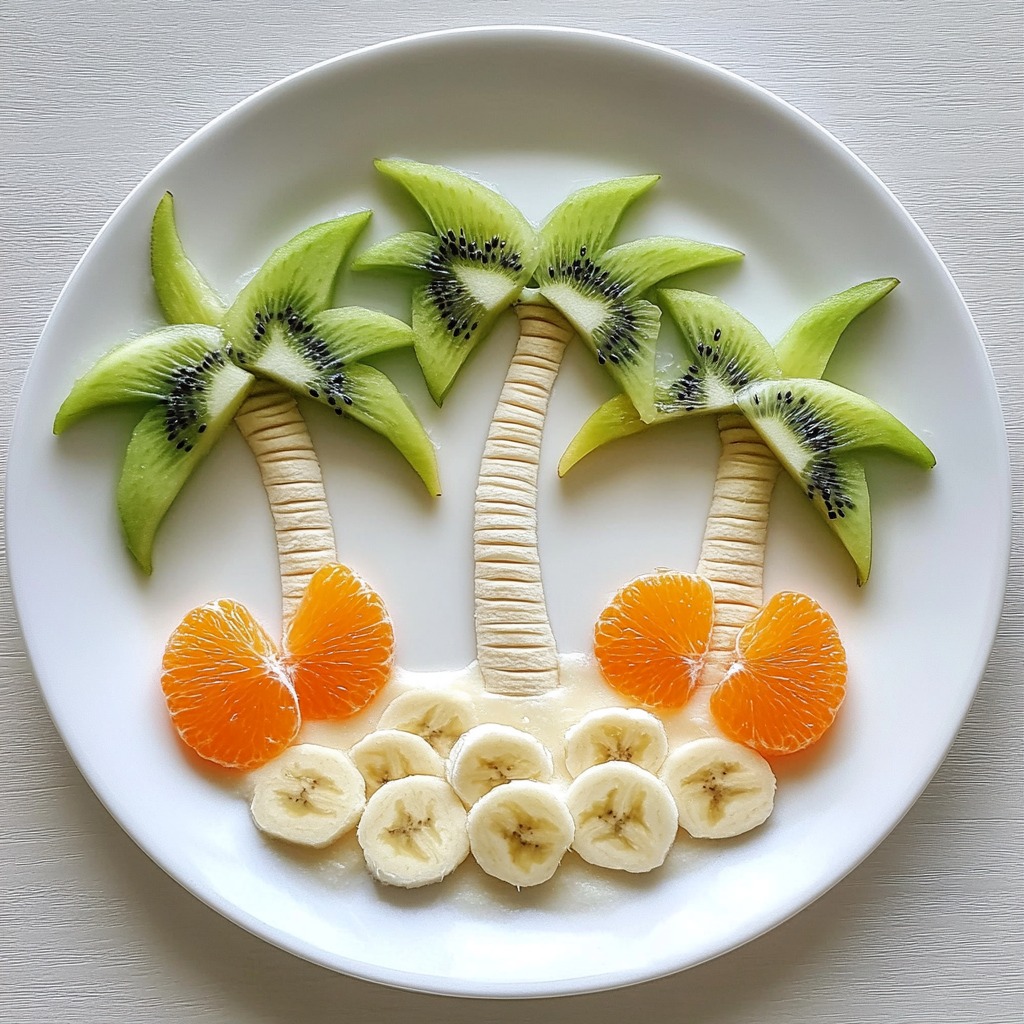 Artistic plate with kiwi and banana palm trees, orange slice suns, and sliced banana border on white dish