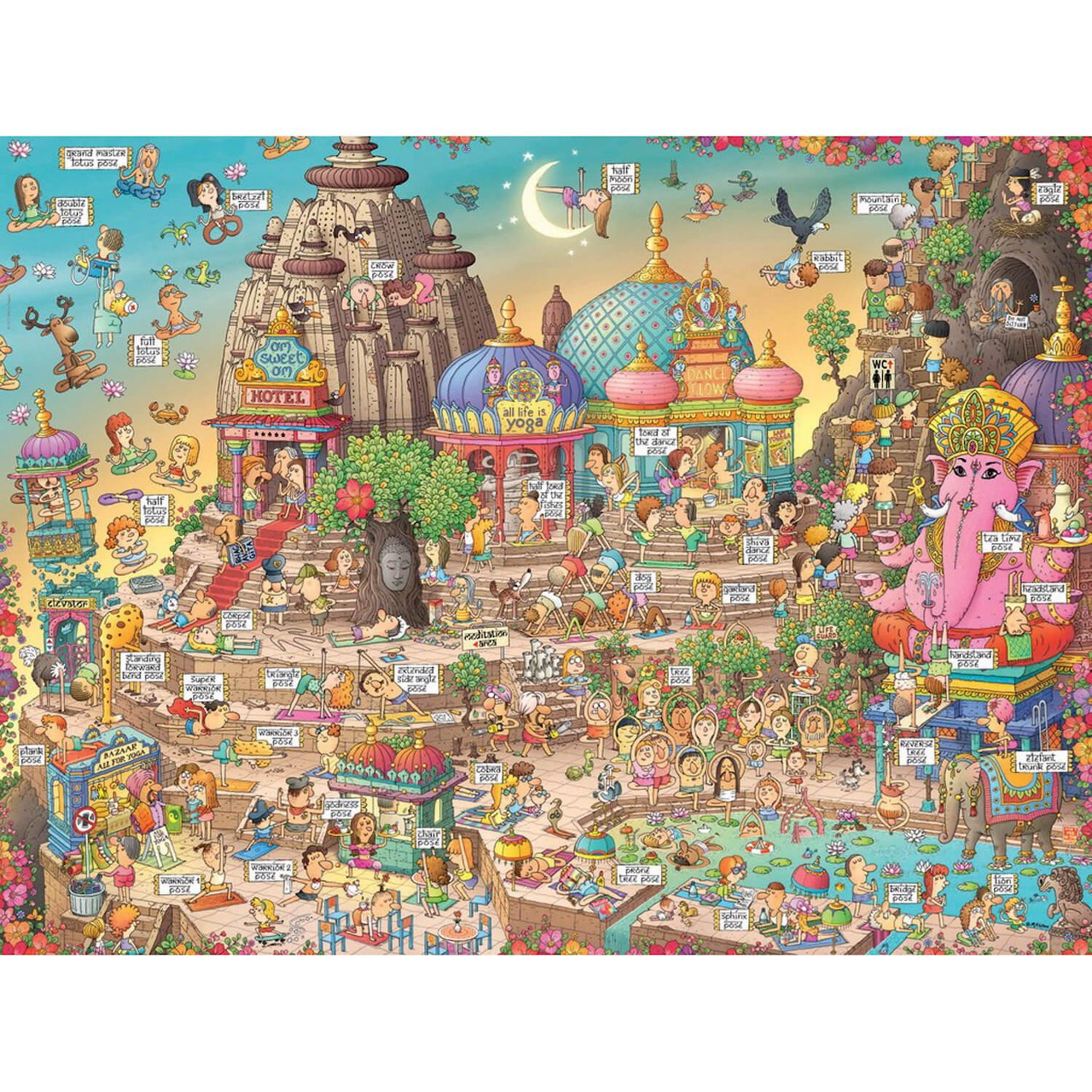 Intricate illustrated fantasy world with castles, characters, and colorful detailed scenes in a whimsical cartoon style