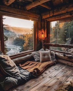 Rustic cabin interior with large windows framing a scenic forest lake view at golden hour