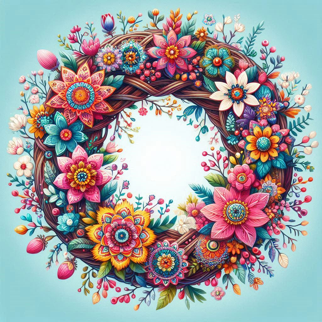 Colorful spring wreath with diverse flowers and botanical elements on turquoise background