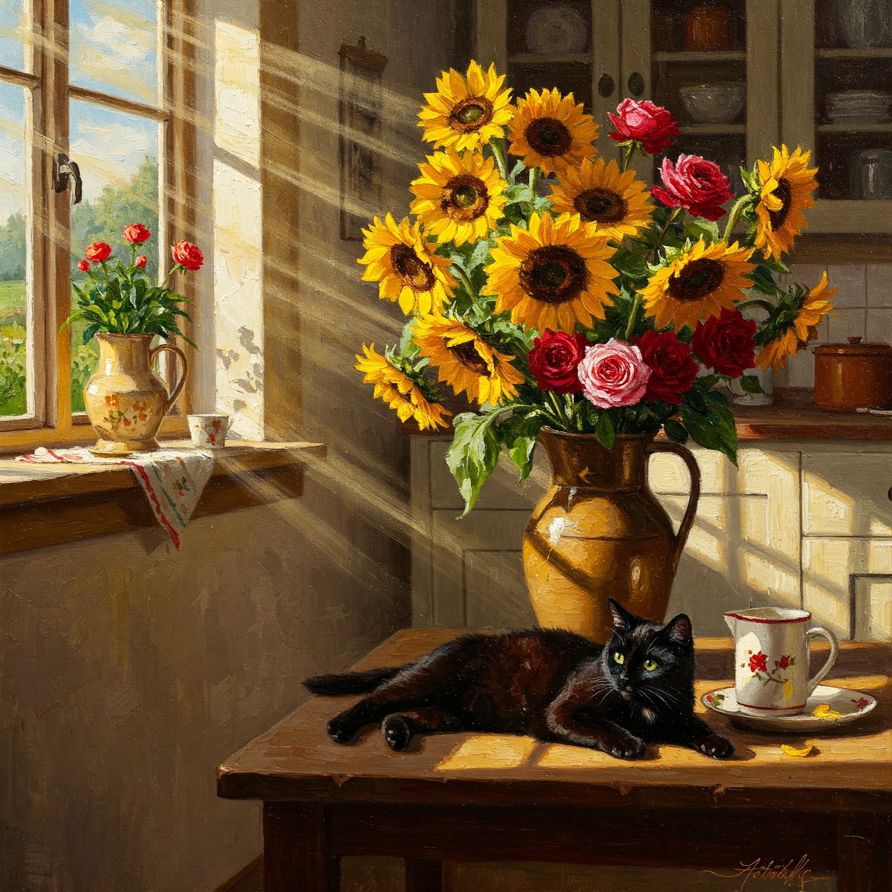 Black cat resting on wooden table next to yellow pitcher filled with sunflowers and roses in sunlit kitchen