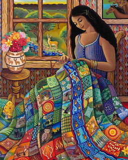 Woman in blue dress sewing colorful patchwork quilt by window with flower vase and landscape paintings