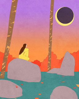 Illustration of a woman sitting on a rock watching a solar eclipse at sunset between two trees