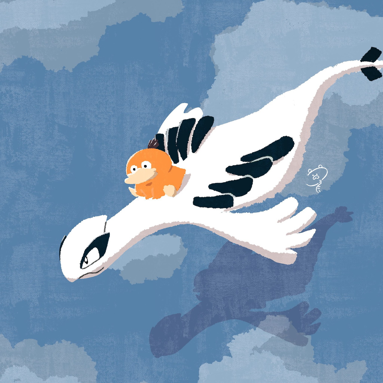 Illustrated white bird with orange head flying through blue cloudy sky