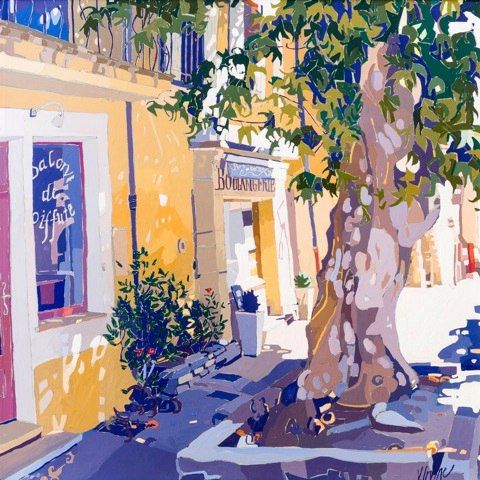 Colorful painting of a sunny street with yellow buildings, trees casting shadows, and a bright blue sky