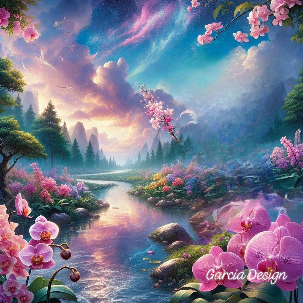 Fantasy painting of a river winding through pink flowers and blossoms with misty mountains and colorful sky