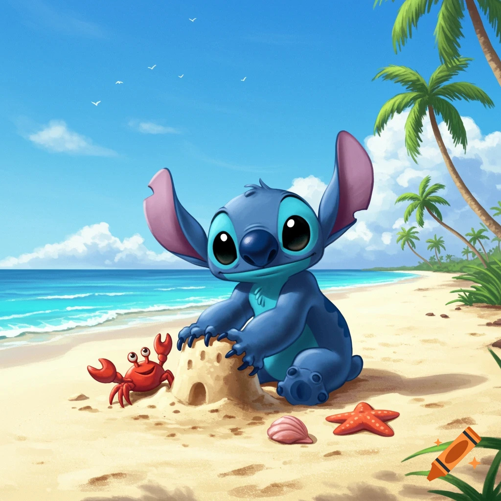 Stitch building a sandcastle on a tropical beach next to a red crab