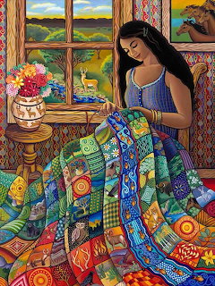 Woman in blue dress sewing colorful patterned quilt by window with landscape view in folk art style