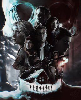 Until Dawn video game poster showing main characters around a snowy cabin with a large skull in the background