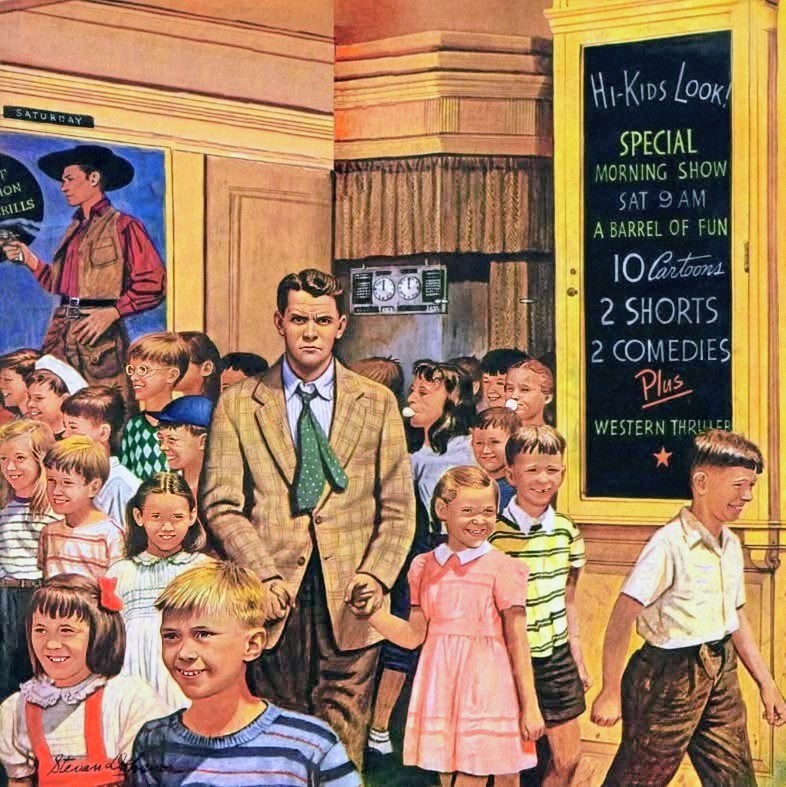 Vintage illustration of children leaving movie theater with usher, 1949 American scene by Stevan Dohanos