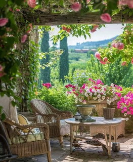 Garden terace with wicker chairs, pink roses on a pergola, and a view of green hills with cypress trees