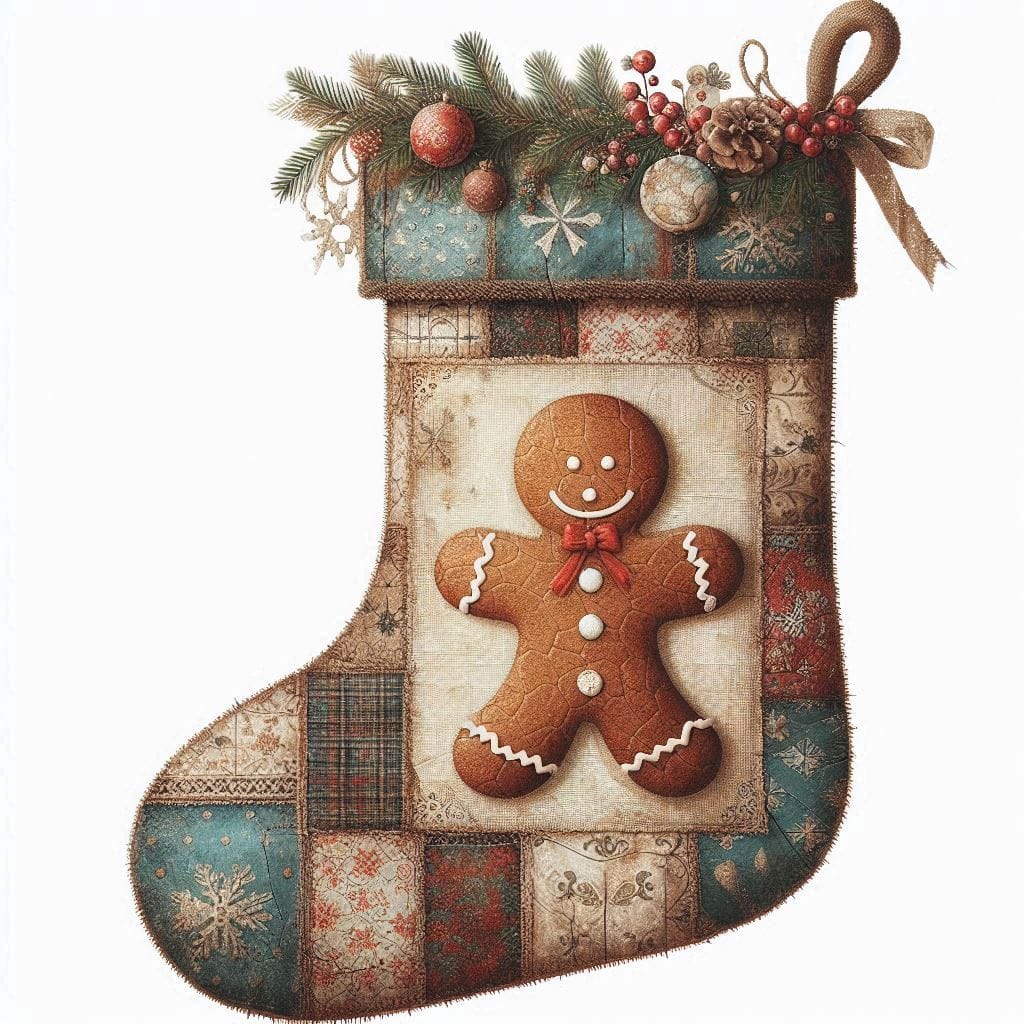 Christmas stocking with gingerbread man, patchwork design, pine branches and ornaments on white background