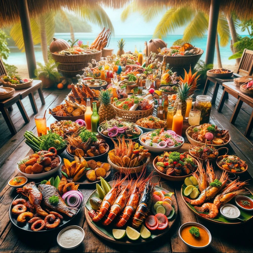 Abundant tropical seafood buffet with prawns, fruits, and assorted dishes on a wooden table overlooking the beach