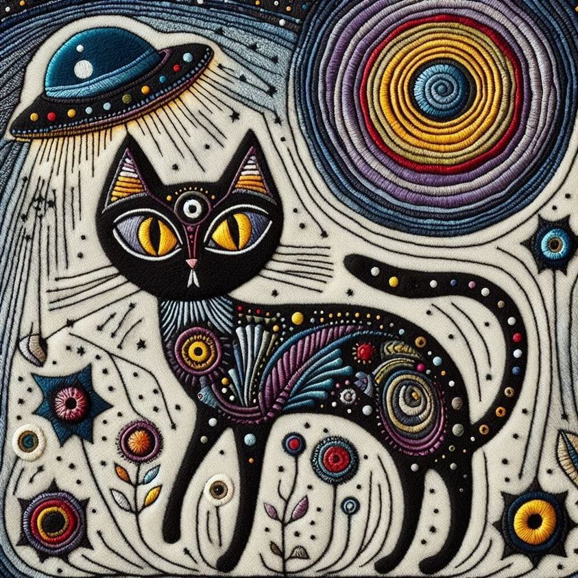 Illustrated black cat with a UFO, stars, flowers, and a colorful spiral in the sky