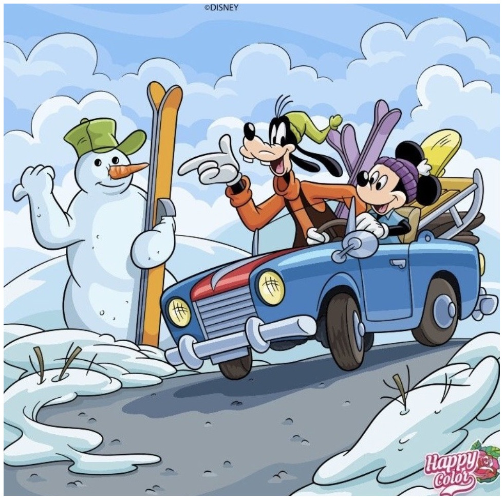 Mickey Mouse and Goofy with snowman in blue car, winter scene with snow and clouds