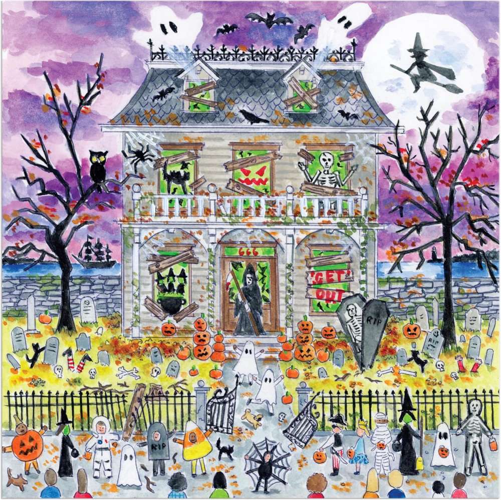 Colorful Halloween scene with haunted house, ghosts, witch silhouette, children in costumes, pumpkins, and bare trees