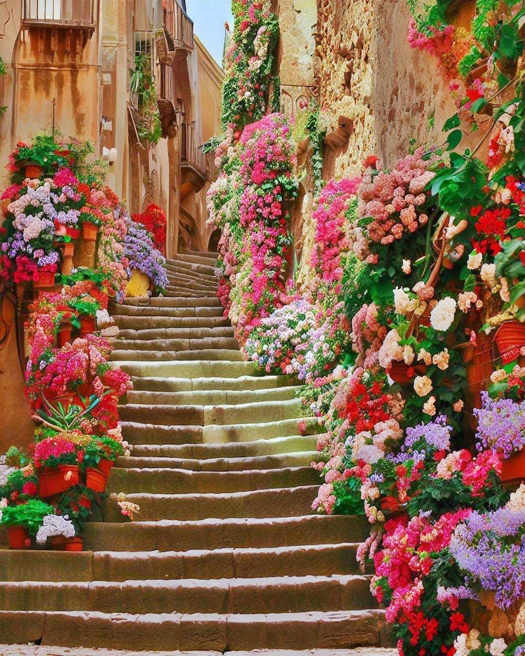 Stone steps flanked by colorful flower displays climbing through a narrow Mediterranean alley