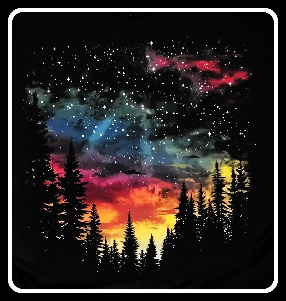Pine tree silhouettes against colorful starry night sky with nebula clouds