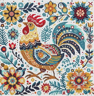 Decorative rooster with ornate tail feathers surrounded by stylized flowers in folk art embroidery pattern