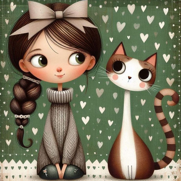 Illustration of cute girl with braided hair and large eyes standing next to a stylized cat with green heart background