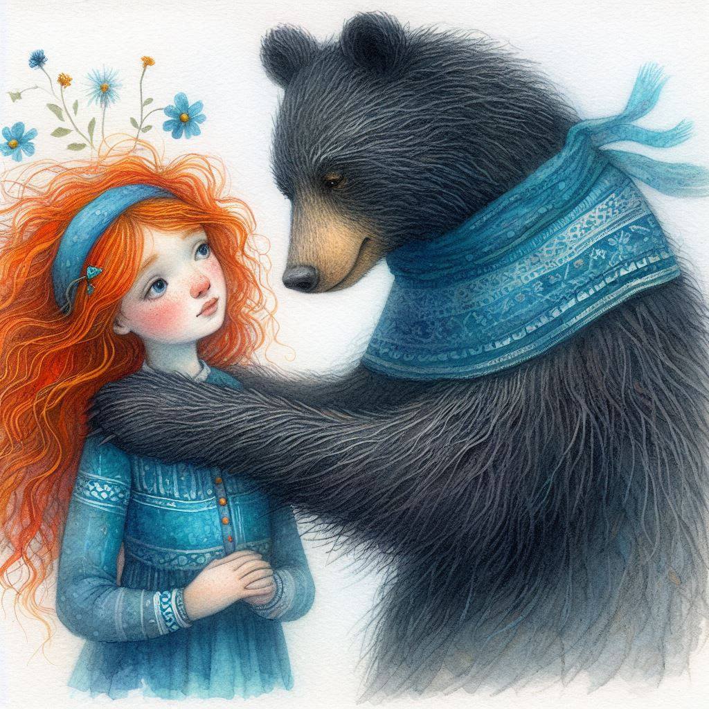 Illustration of a red-haired girl hugging a black bear in a blue scarf with flowers