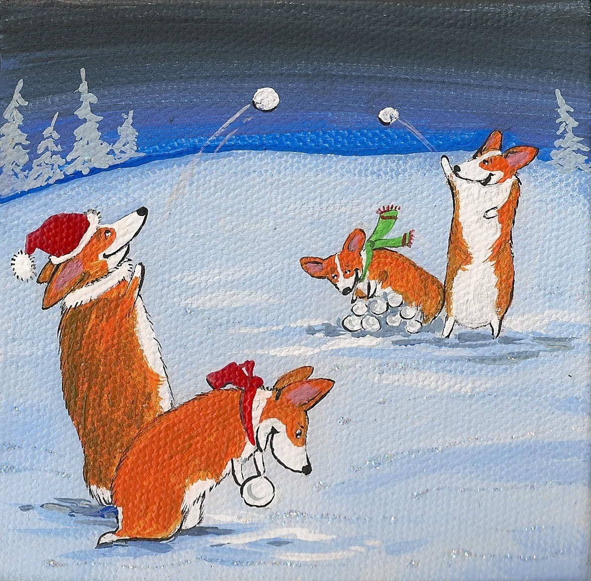 Folk art painting showing four Corgis playing in snowy winter landscape with evergreen trees and full moon