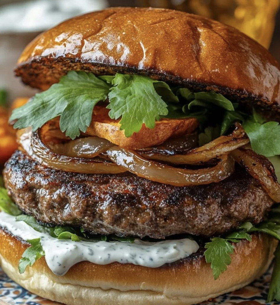 Close-up of a beef burger with caramelized onions, herbs, and creamy sauce in a toasted bun
