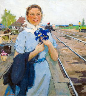 Painting of a young woman in a blue dress holding flowers at a rural railway platform
