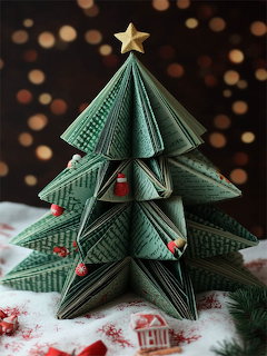 Green folded cardboard Christmas tree with gold star and holiday decorations