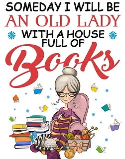 Illustration of an old lady knitting in a chair beside book stacks with a quote about a house full of books
