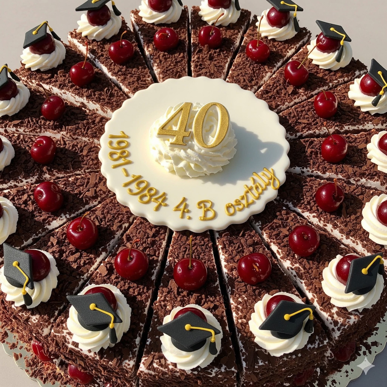 Round chocolate birthday cake with cherries, whipped cream, and a gold 40 topper