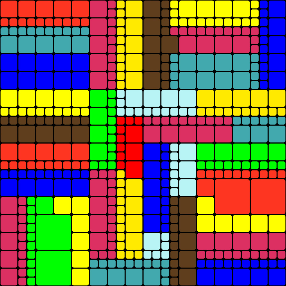 Colorful abstract mosaic grid of red, blue, yellow, green, pink, and brown blocks