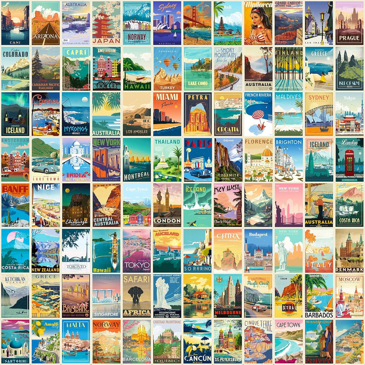 Grid collage of colorful vintage travel posters showing famous world landmarks and destinations