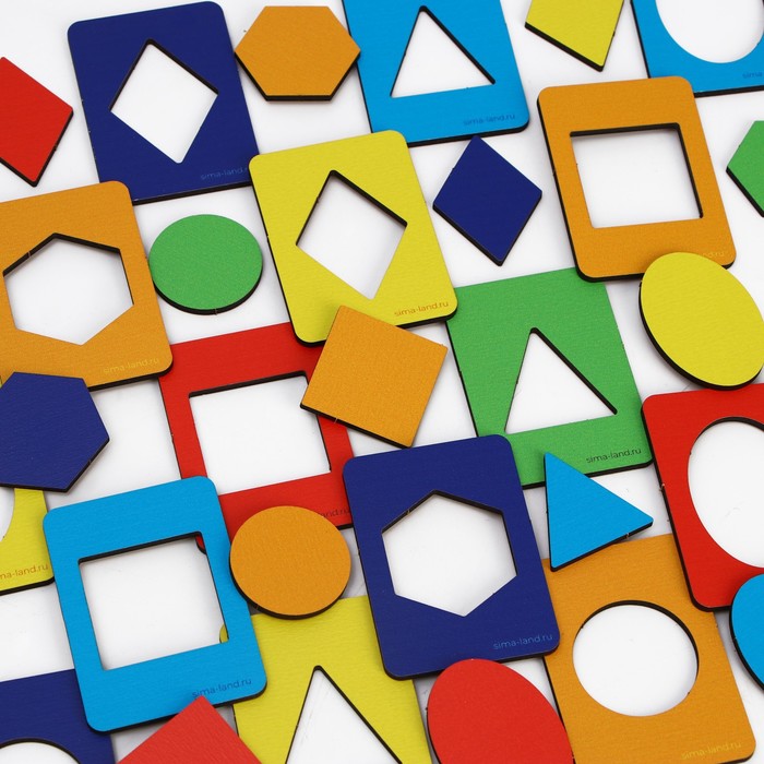 Colorful geometric shapes scattered on white background with circles, squares, triangles and frames