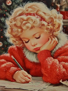 Child in red Santa outfit with blonde curls writing at wooden table with Christmas tree behind