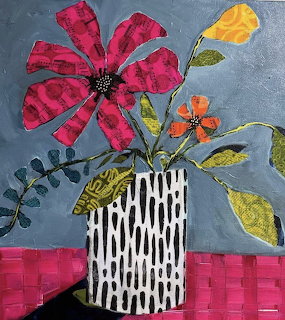 Abstract painting of pink flowers in a patterned vase on pink table