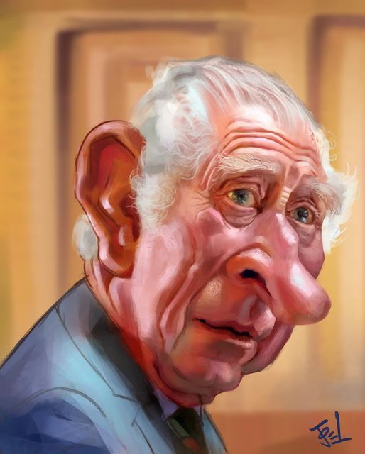 Digital caricature of King Charles III with exaggerated ears, nose, and white hair