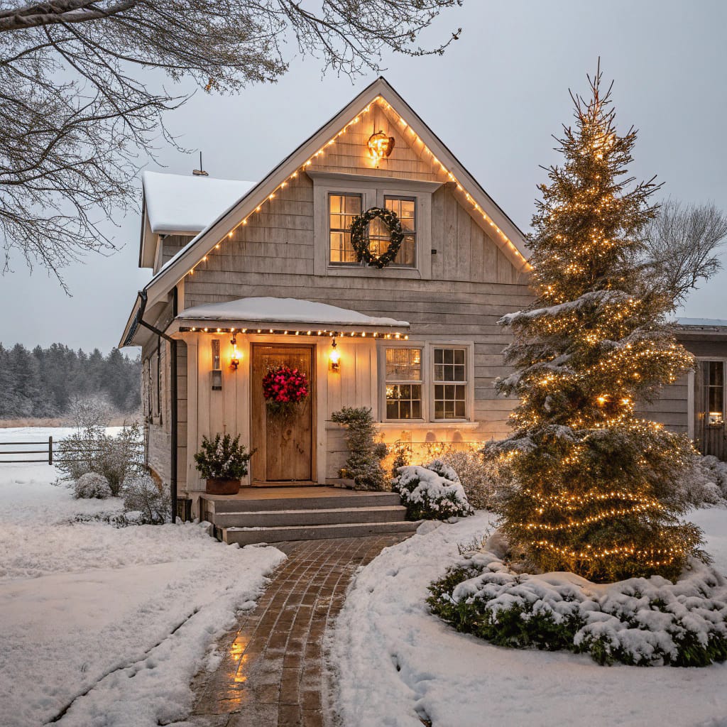 Snow-covered cottage decorated with Christmas lights and wreath beside illuminated evergreen tree at twilight
