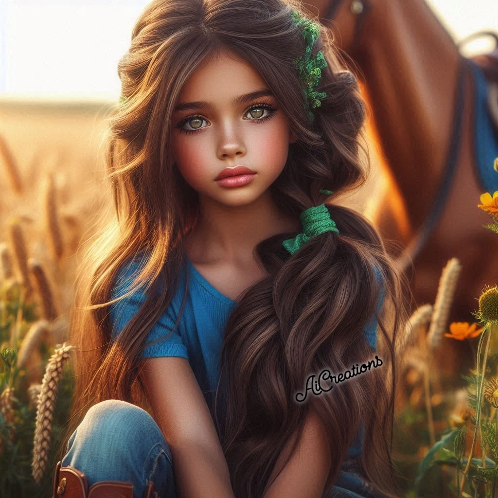Stylized young girl with long brown hair sitting in a wheat field at sunset